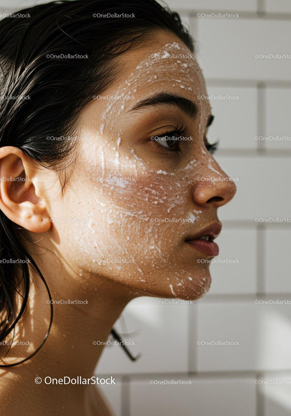 Close-up of woman applying exfoliating facial scrub