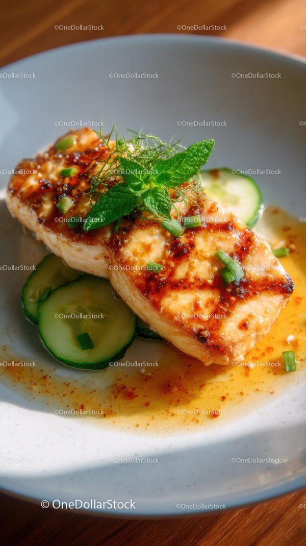 Grilled Fish Fillet with Fresh Cucumber and Herb Garnish