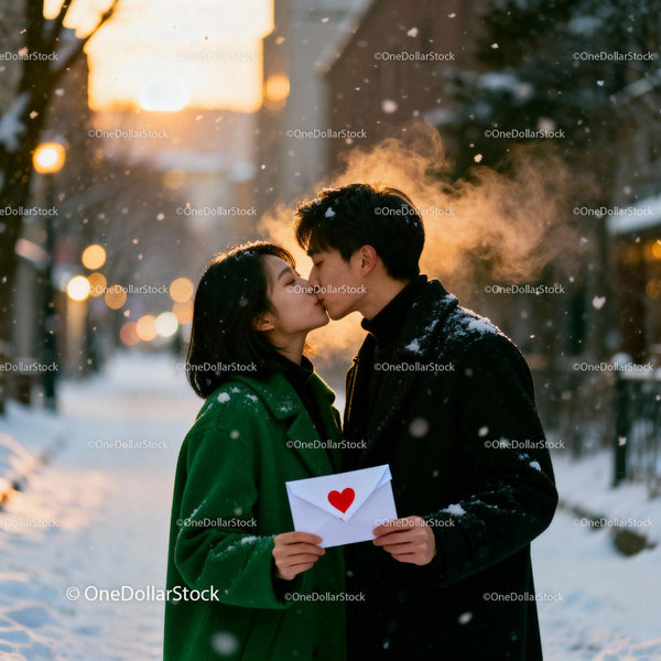 Couple Sharing a Kiss with Love Letter in Winter Snow