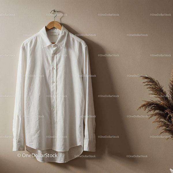 Crisp White Shirt Hanging on Wooden Hanger JPG Mockup Image