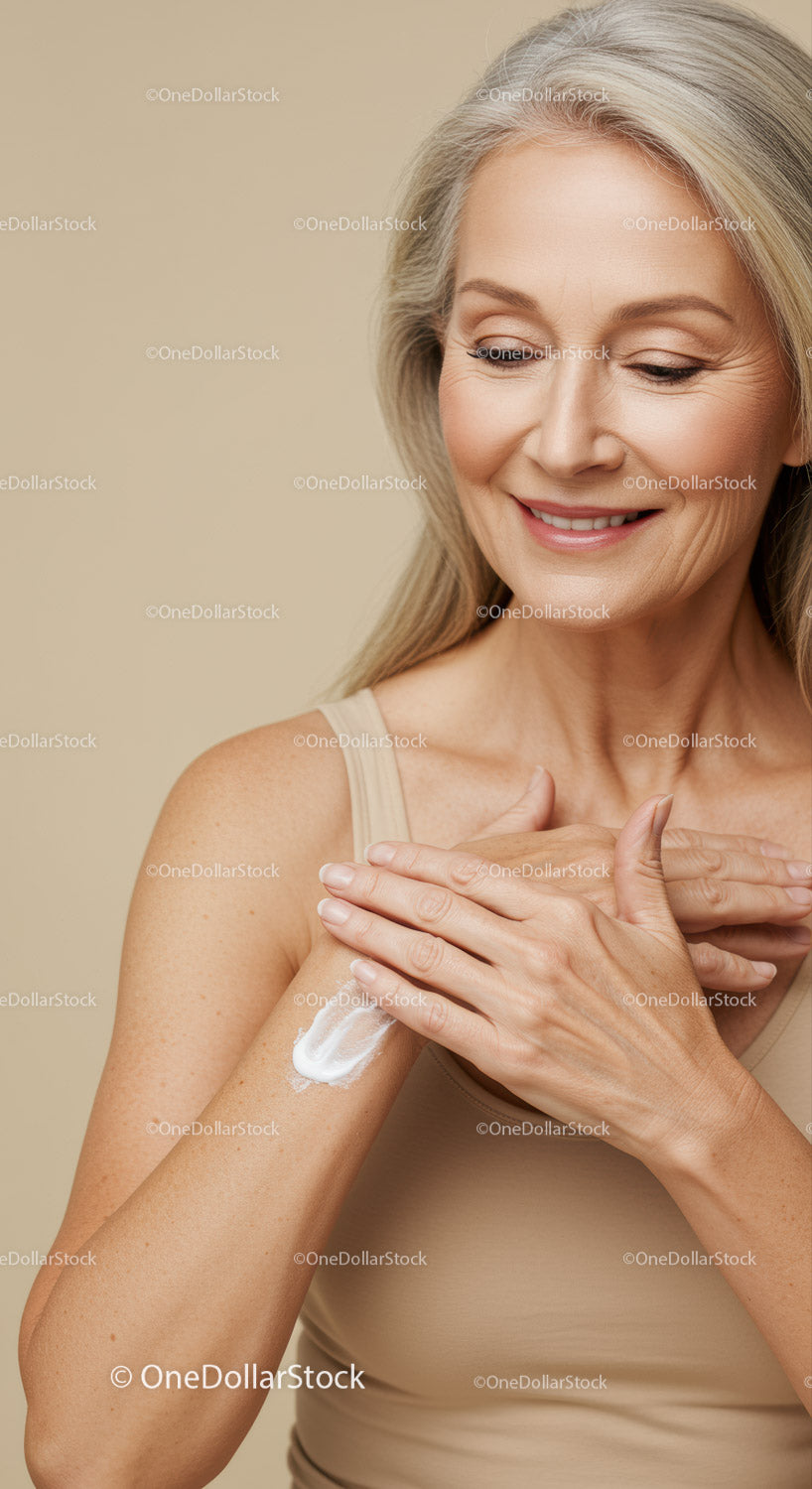 Elegant Mature Woman Applying Lotion for Skin Care and Wellness