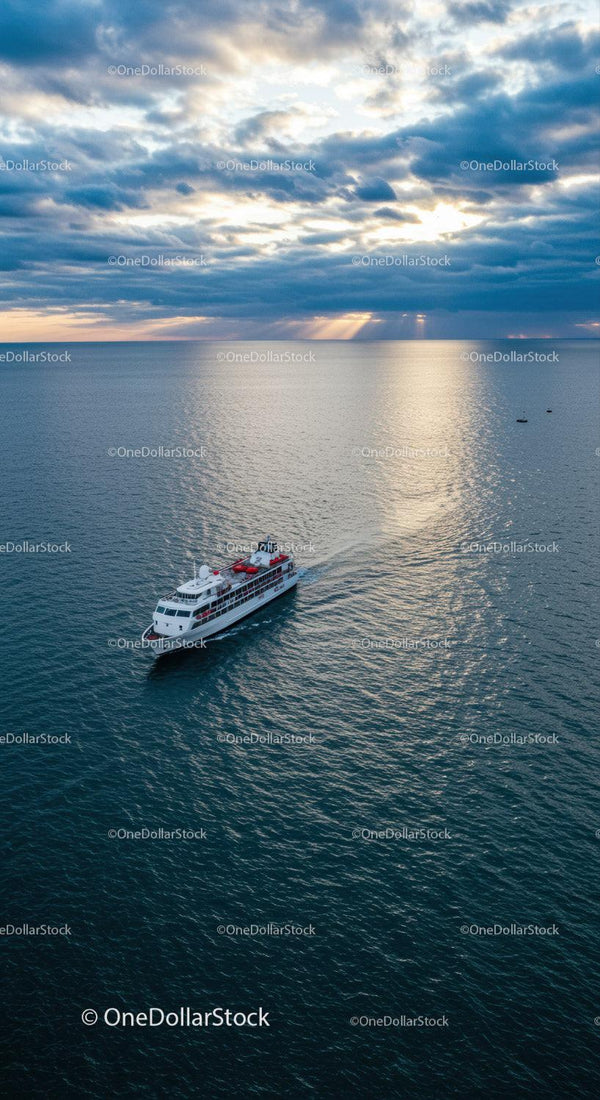 Luxury Yacht Sailing on Calm Ocean with Dramatic Sunset Sky