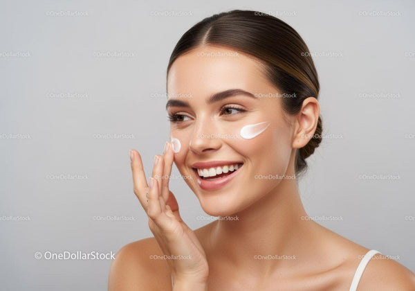 Young Woman Applying Facial Cream with Bright Smiling Expression