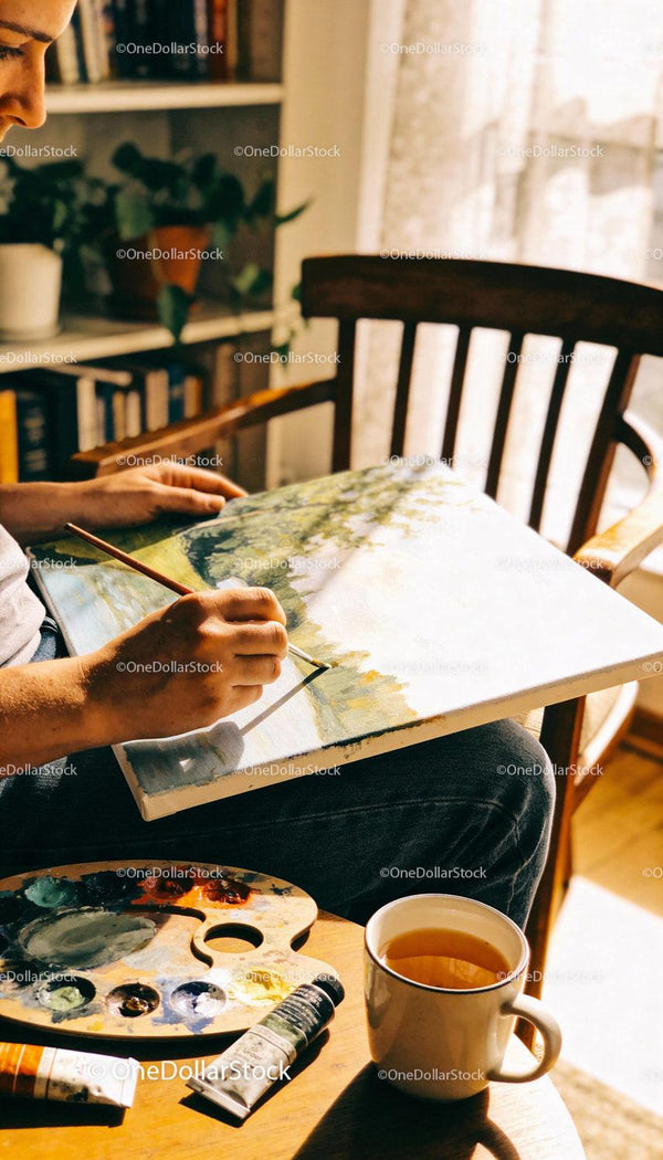 Person Painting Landscape on Canvas in Cozy Home Setting