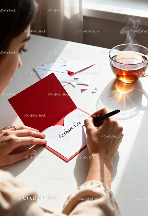 Woman Writing Heartfelt Valentines Card with Tea Nearby