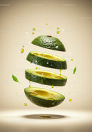 Floating sliced avocado with oil drops and salt crystals