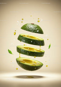 Floating sliced avocado with oil drops and salt crystals