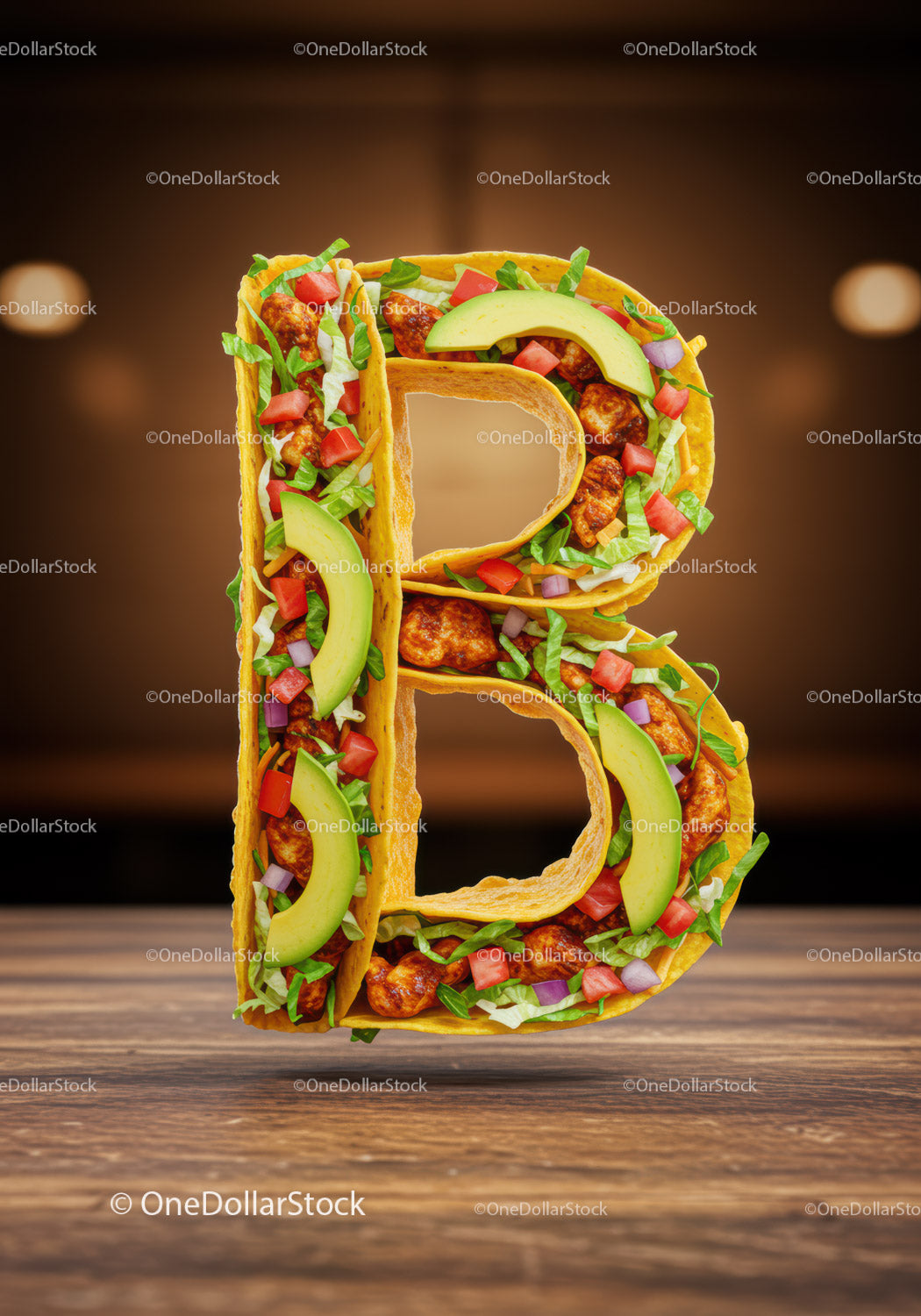 Taco Letter B Made with Fresh Ingredients on Wood