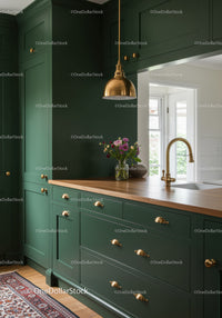 Elegant Green Kitchen Cabinets with Brass Hardware and Wooden Countertop