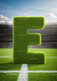 Large Grass Letter E on Football Field in Stadium