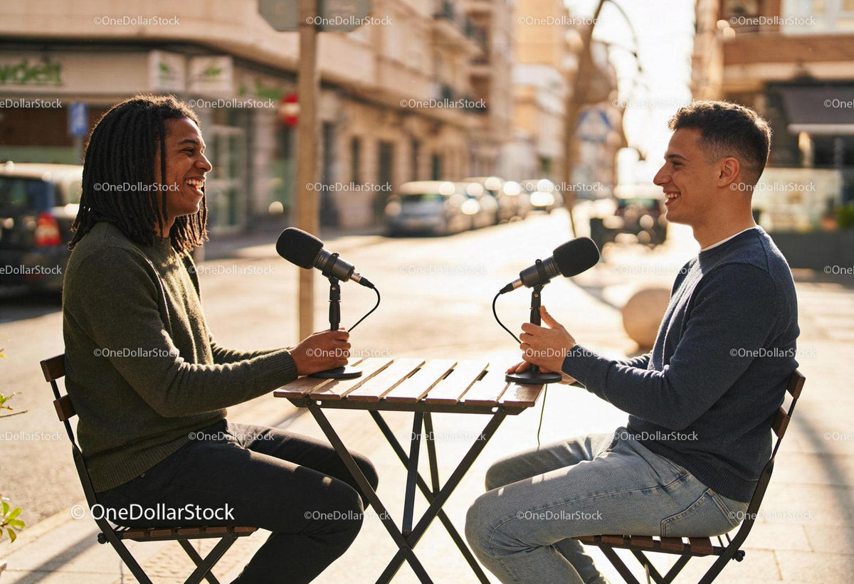 Friends Engaged in Outdoor Podcast Recording on Sunny Day