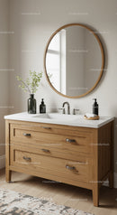 Elegant Wooden Bathroom Vanity with Round Mirror and Green Plant