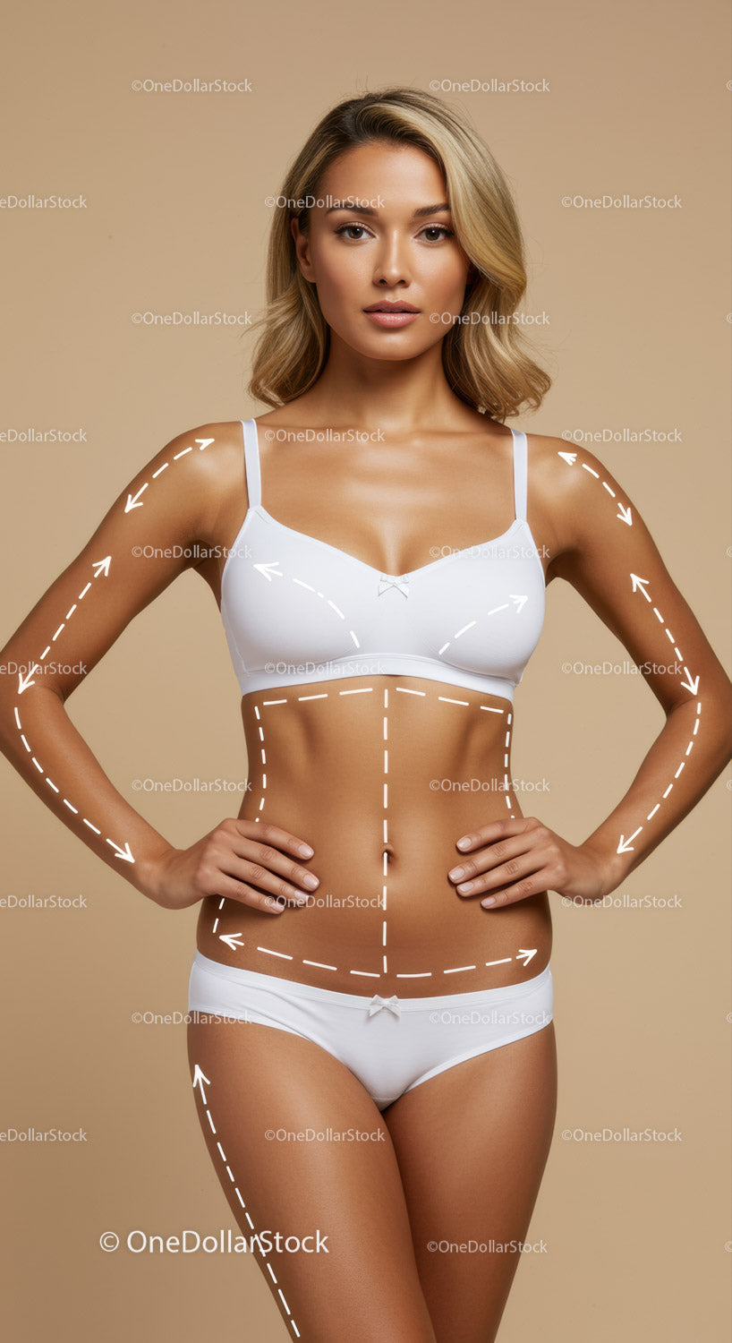 Healthy Slim Woman with Body Outline in White Sportswear