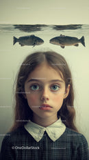 Child with Fish Floating Above Head Surreal Artistic Portrait