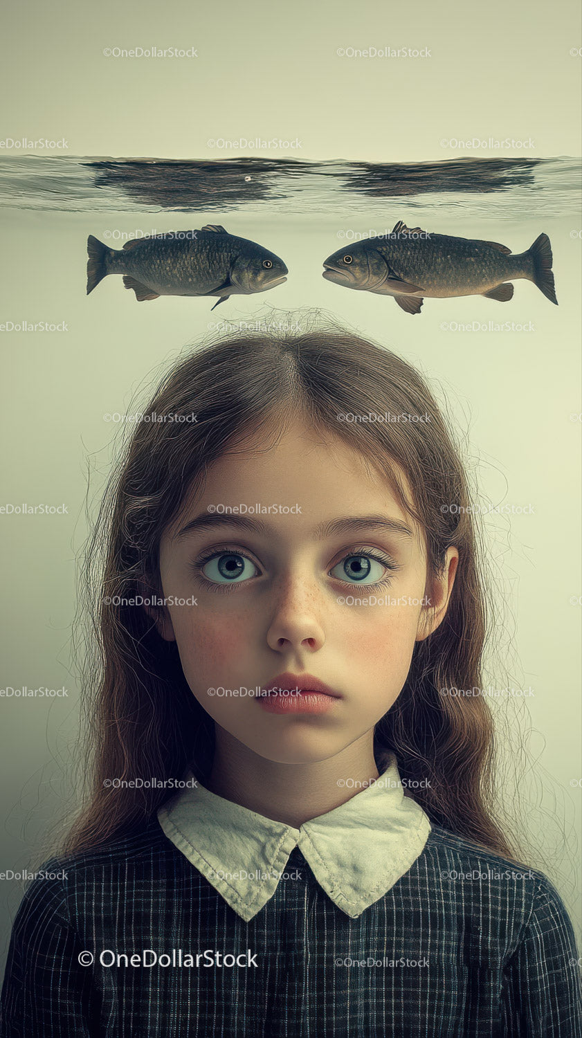 Child with Fish Floating Above Head Surreal Artistic Portrait