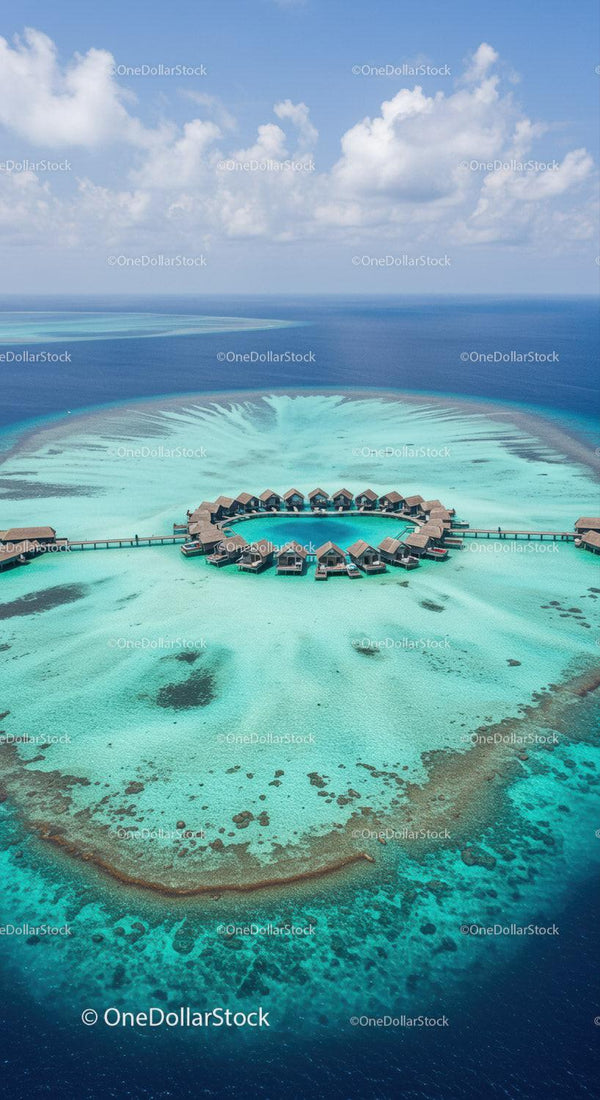 Overwater Bungalows Surrounded by Vibrant Coral Reef in Tropical Island