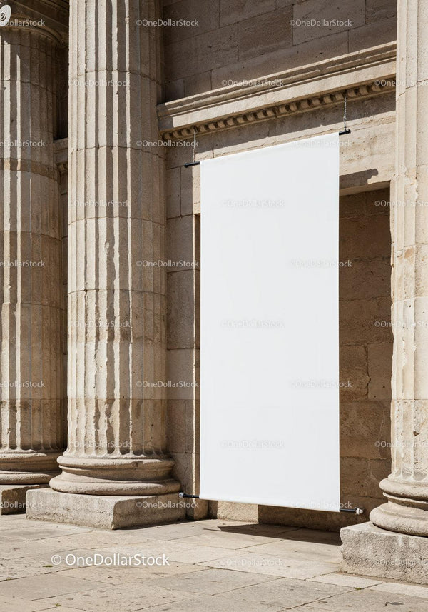 Blank white banner hanging on ancient stone columns JPG Mockup Image