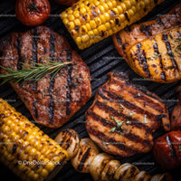 Assorted Grilled Vegetables and Meat with Charred Marks