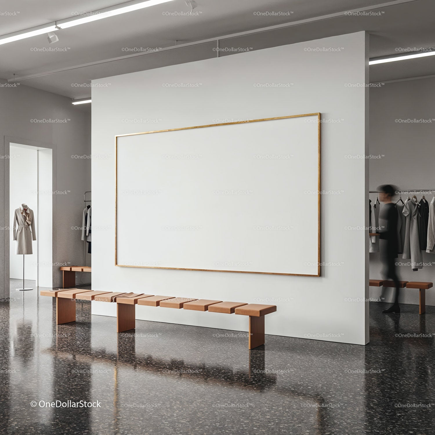 Minimalist fashion boutique interior with leather bench