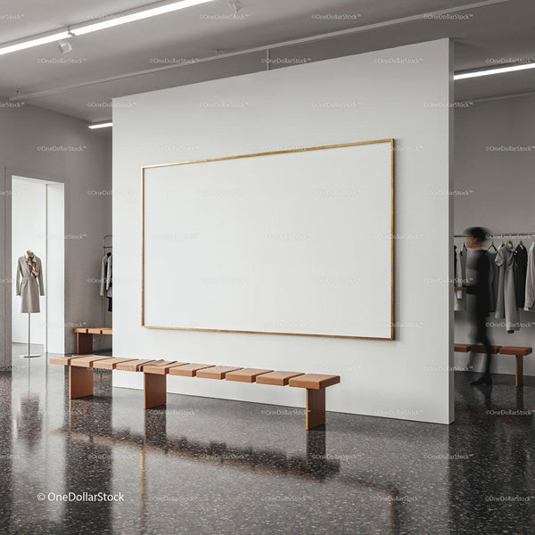 Minimalist fashion boutique interior with leather bench JPG Mockup Image