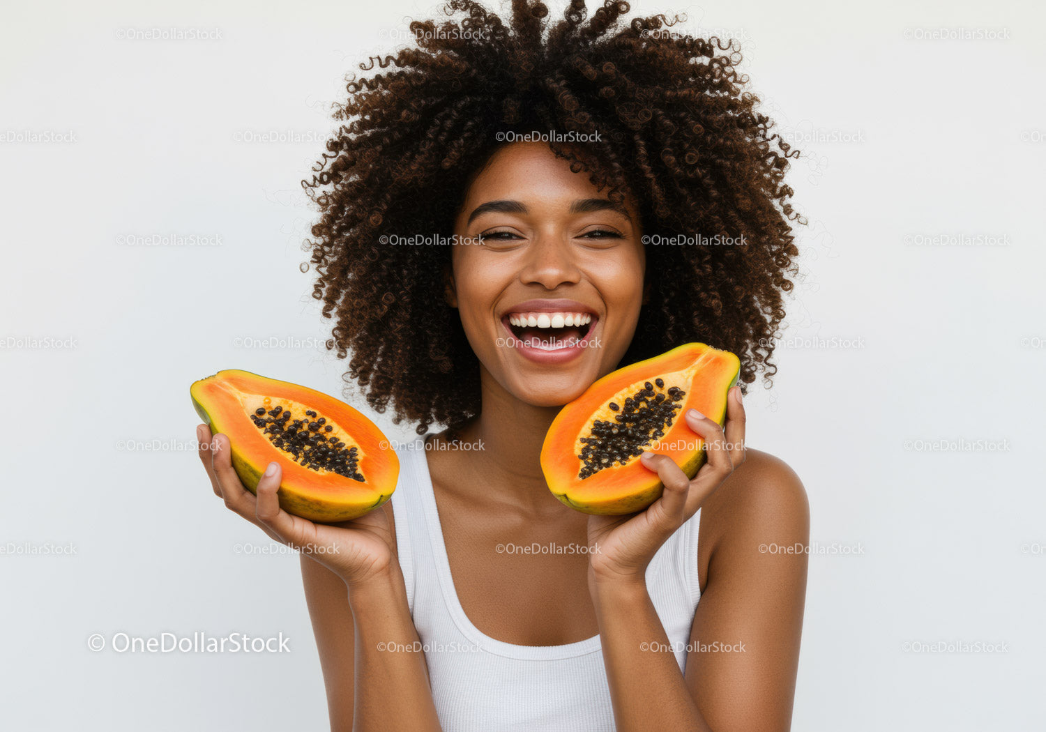 Vibrant Joyful Woman With Fresh Papaya Slices in Bright Studio