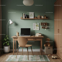 Cozy Modern Home Office with Wooden Desk and Green Wall Decor