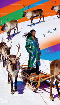 Stylish woman in metallic coat with reindeer sled ride