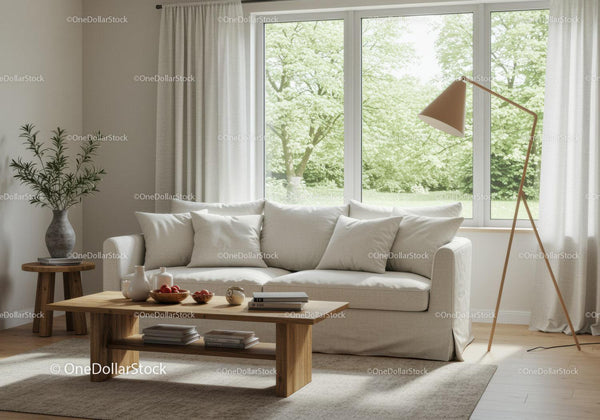 Minimalistyczny przytulny salon z naturalnym światłem słonecznym