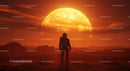 Astronaut Standing on Alien Planet with Large Sun Setting Behind