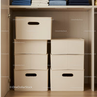 Stacked Beige Storage Bins in Modern Closet Organizing Space