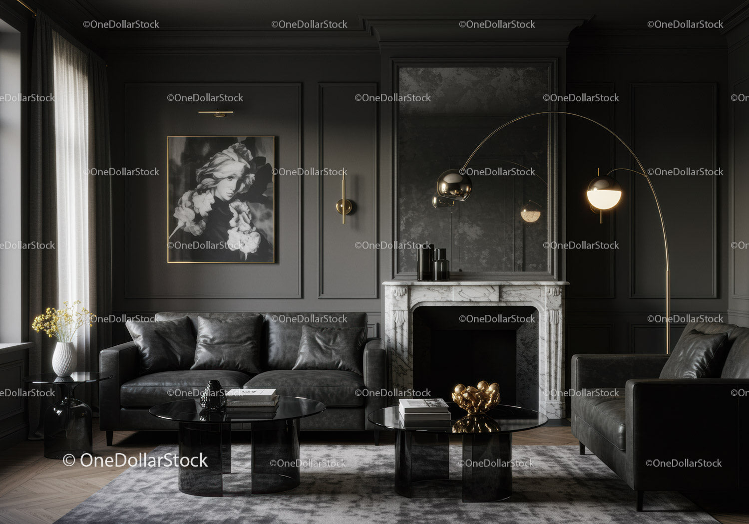 Modern living room with dark leather sofas and marble fireplace