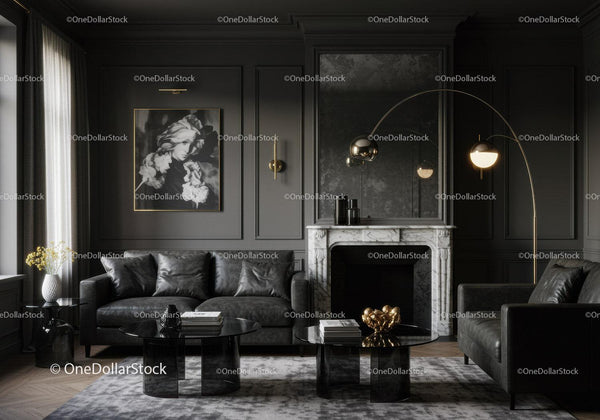 Modern living room with dark leather sofas and marble fireplace