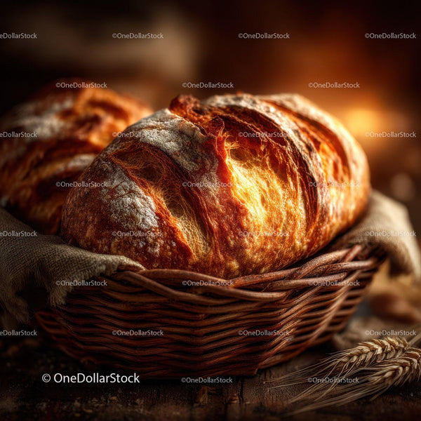 Rustic Crusty Artisan Bread in Wicker Basket With Wheat Stalks