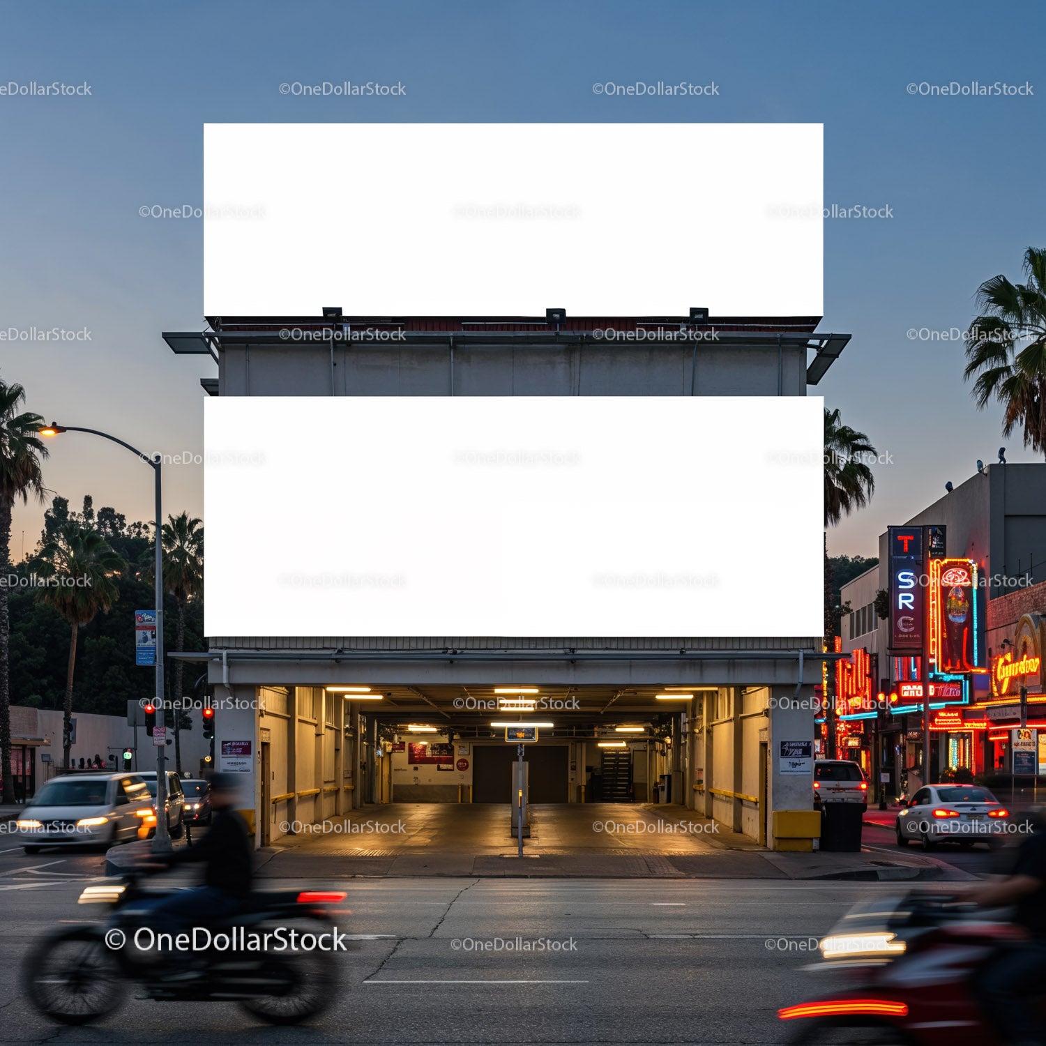 Empty Urban Parking Garage with Blank Billboards at Dusk