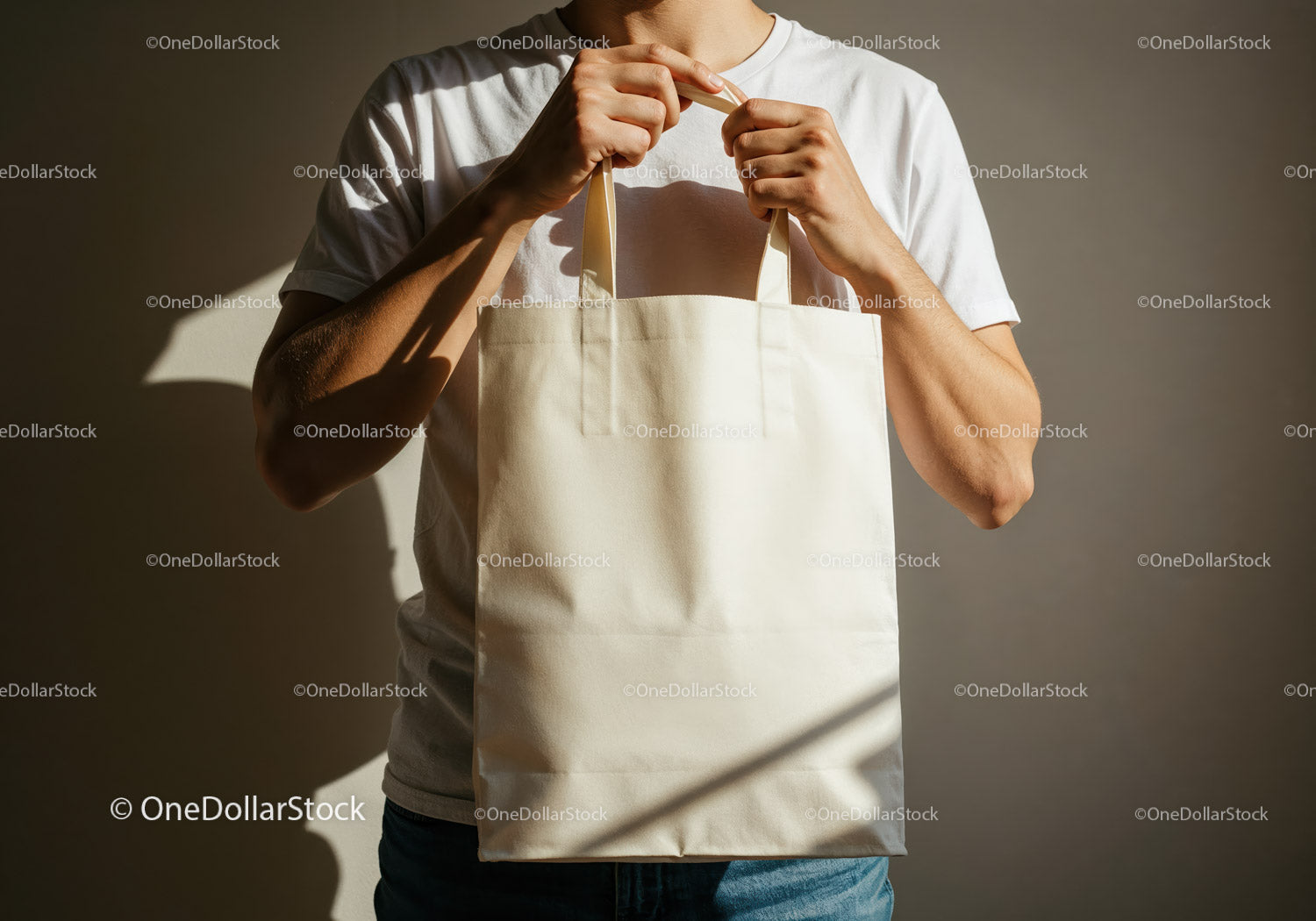Man Holding Blank Beige Reusable Tote Bag