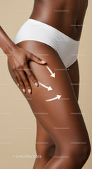 Elegant Dark-Skinned Woman Touching Thigh with Smooth Skin