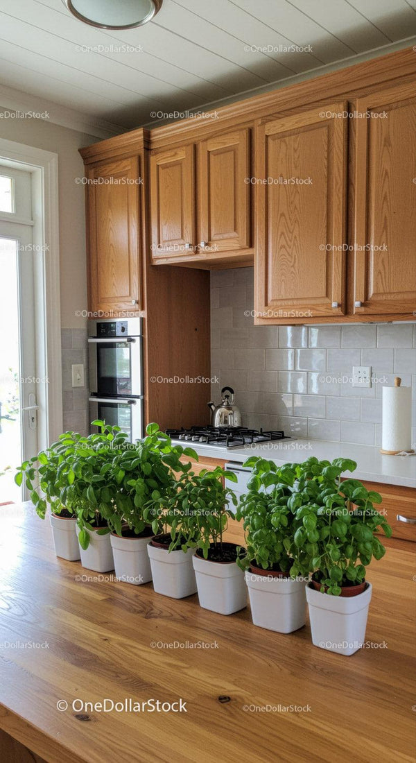 Cozy Kitchen with Wooden Cabinets and Green Houseplants