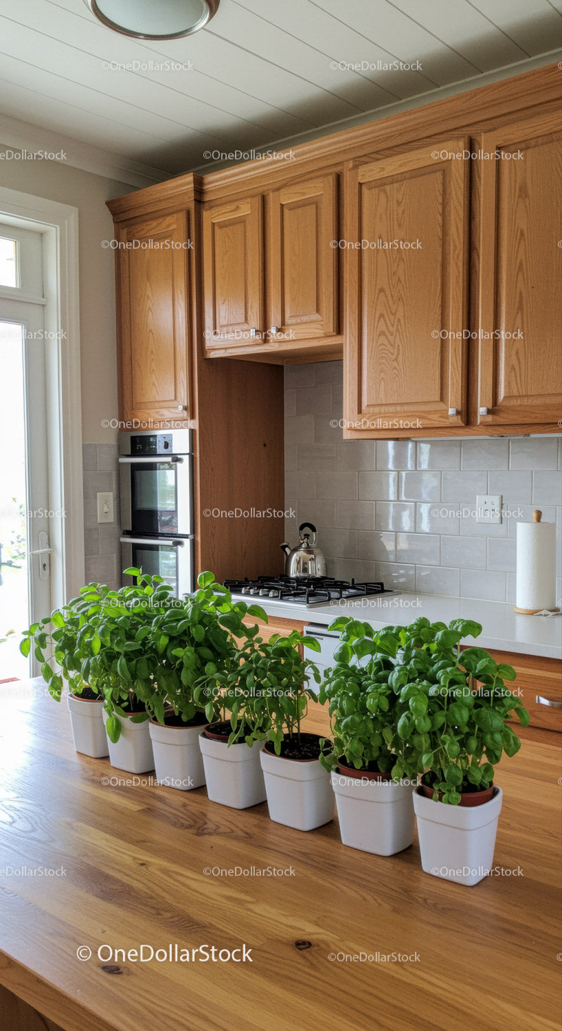 Cozy Kitchen with Wooden Cabinets and Green Houseplants