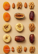 Assorted dried fruits and nuts laid in neat rows