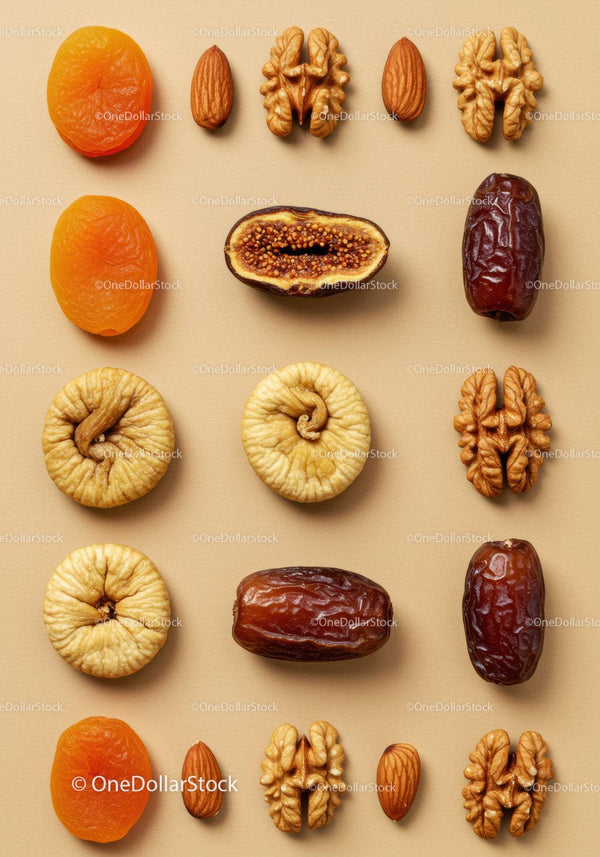 Assorted dried fruits and nuts laid in neat rows