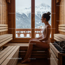 Serene Woman Sitting in Wooden Sauna with Mountain and Snow Scene