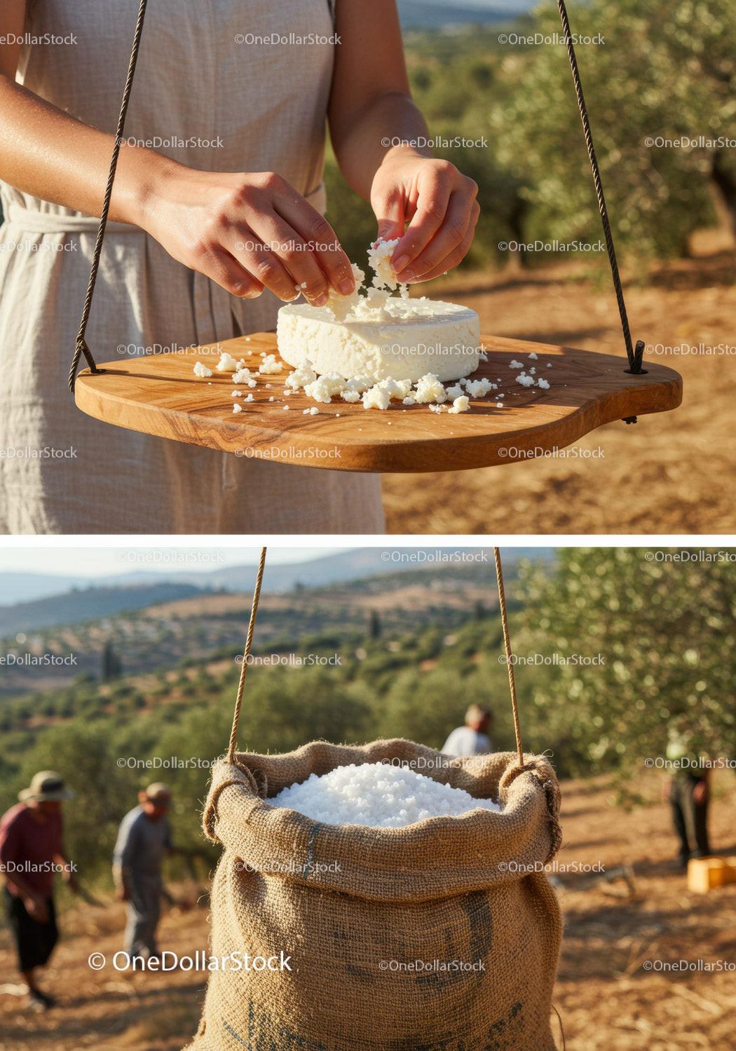 Traditional handmade cheese and salt harvesting in olive grove