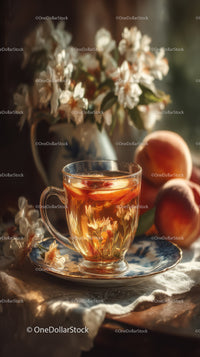 Peach Iced Tea with Fresh Peaches and White Flowers in Sunlit Setting