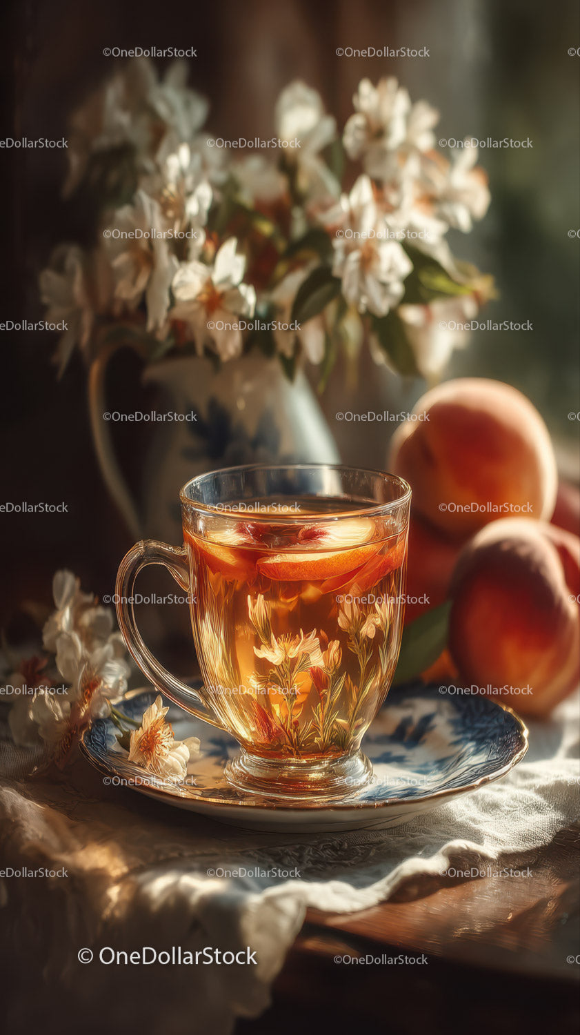 Peach Iced Tea with Fresh Peaches and White Flowers in Sunlit Setting