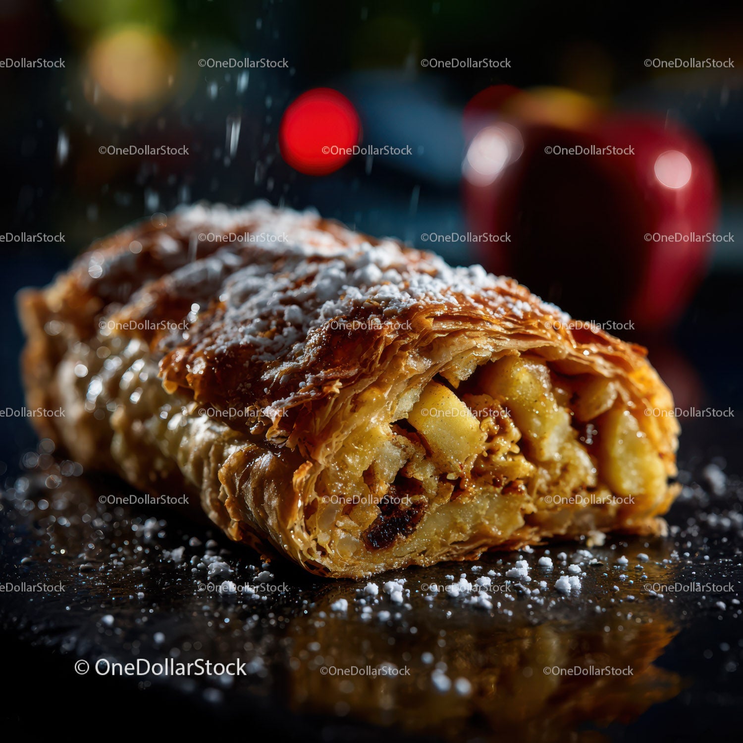 Fresh Apple Strudel with Flaky Pastry and Powdered Sugar
