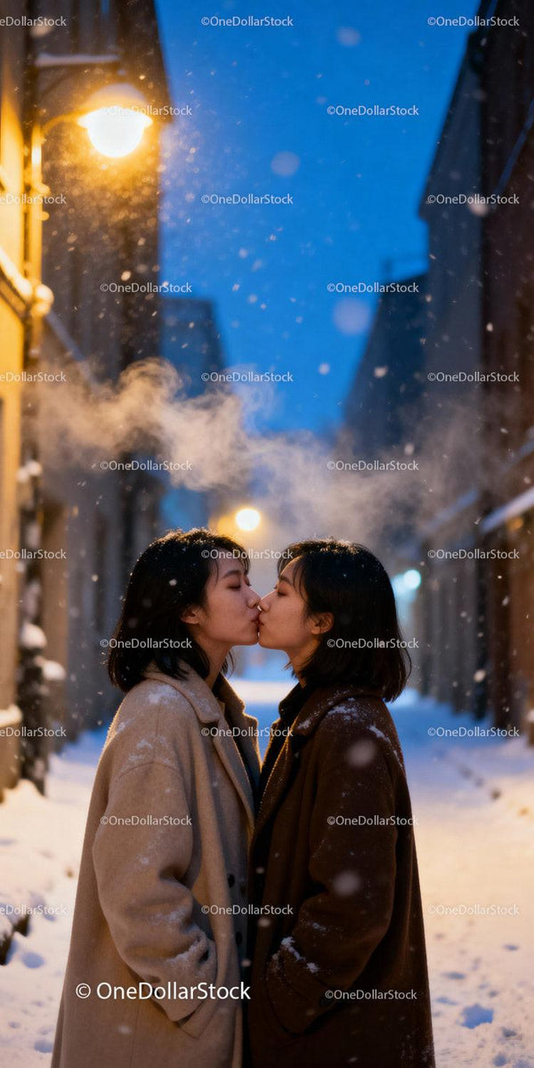Couple sharing a tender kiss on snowy evening street