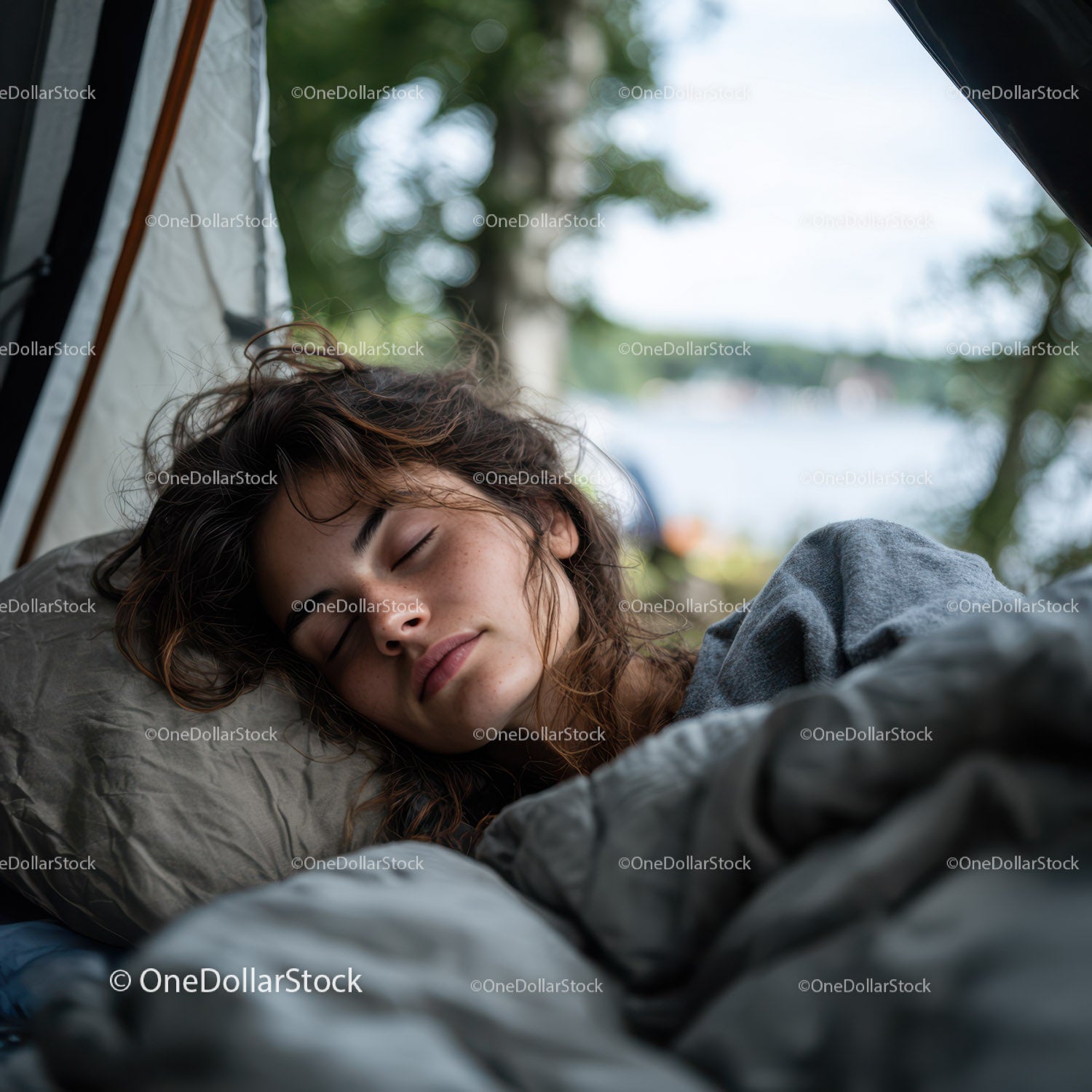 Young Woman Sleeping Peacefully Outdoors in a Scenic Forest Setting