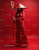 Elegant Woman in Red Dress with Accessories Against Red Background