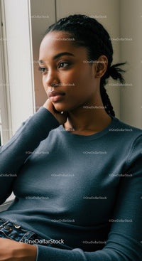 Portrait of a Young Woman with Braided Hair Looking Thoughtful by a Window