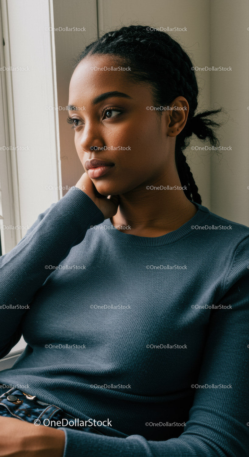 Portrait of a Young Woman with Braided Hair Looking Thoughtful by a Window